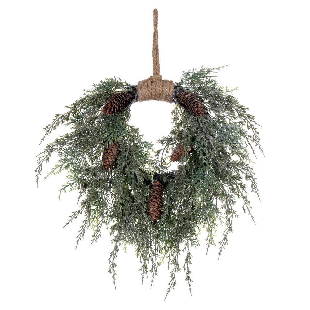 Vickerman 18" Artificial Snow Cedar Hanging Wreath with Pinecones