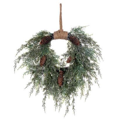 Vickerman 18" Artificial Snow Cedar Hanging Wreath with Pinecones