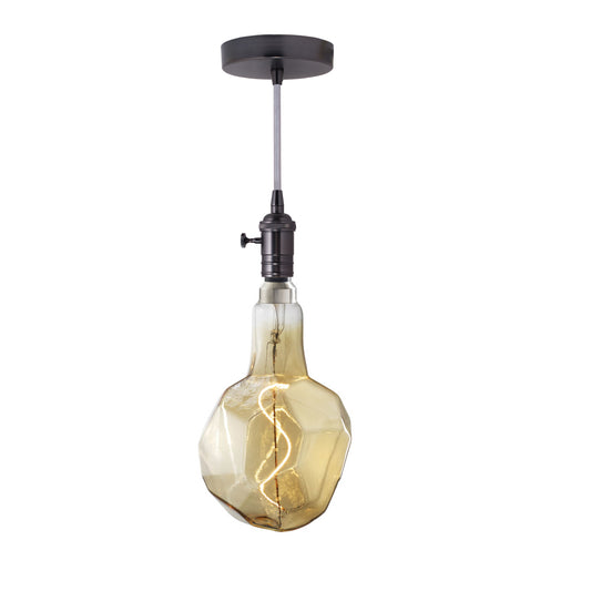 Bulbrite LED Grand Bulb and Pendant Kit of (1) 4 Watt Antique Glass 12" Jewel Shaped Bulb and (1) Gunmetal Black Open Socket Pendant on Silver Fabric Braided Cord - 2000K (Amber Light)