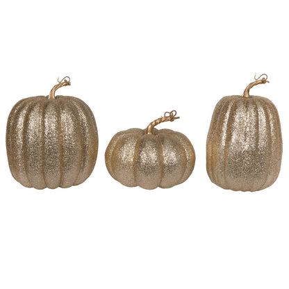 Vickerman 8" Champagne Pumpkins Set of 3. Three pieces assorted Fabric pumpkin with polystyrene inner.