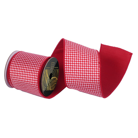 Vickerman 4" x 10yd Red and Pink Diagonal Checkerboard. Red Dupion Backing