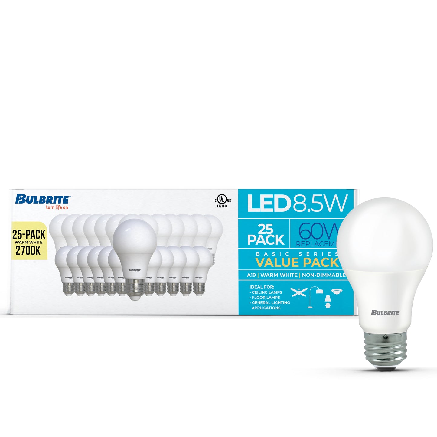 Bulbrite 774251 LED Filament Pack of 25, 8.5 Watt Non-Dimmable A19 Light Bulb with Frost Finish and Medium Screw E26 Base - 2700K(Warm White Light), 750 lumens