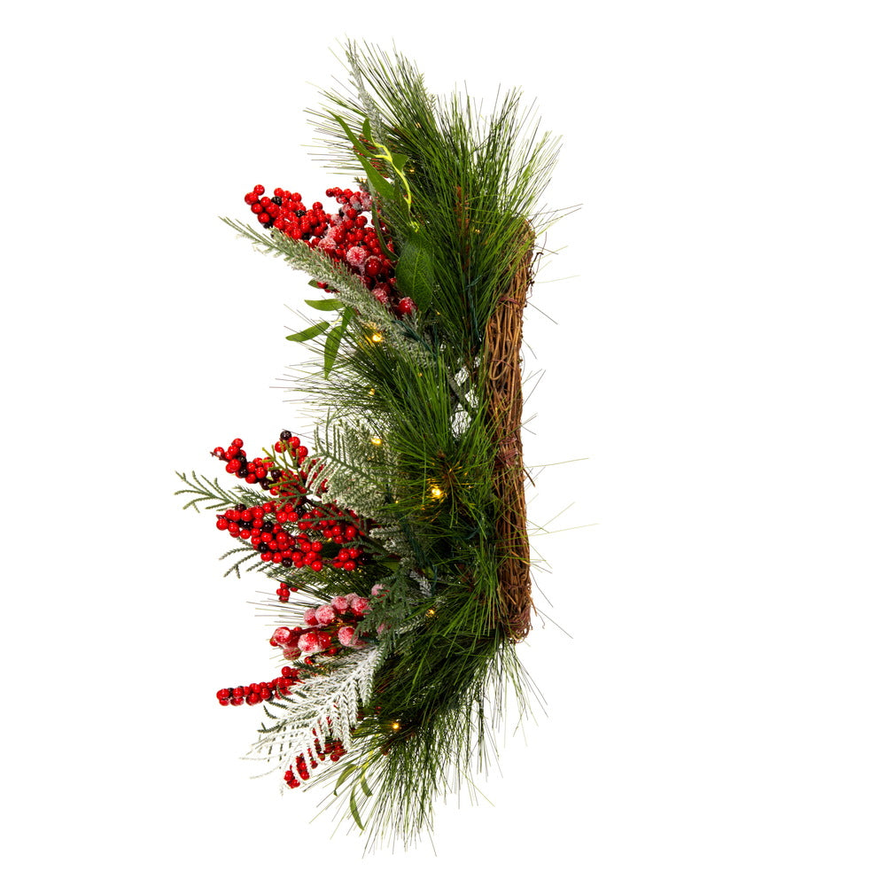 Vickerman 24" Frosted Artificial Christmas Wreath with Red Berries Frosted Foliage and Battery Operated Lights.