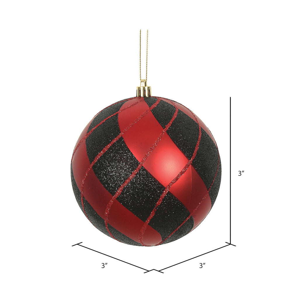 Vickerman 4.75" Red and Black Swirl Plaid Ball Ornament with drilled and wired caps. Comes 4 per Box.