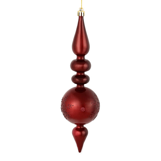 Vickerman 10 by 2.4" Wine Candy Glitter Snowflake Finial 4/Bag. Add some sparkle and shine to your holiday decorating projects with this 10 inch finial ornament. Made with shatterproof plastic. Ornament has a drilled cap secured with green floral wire.