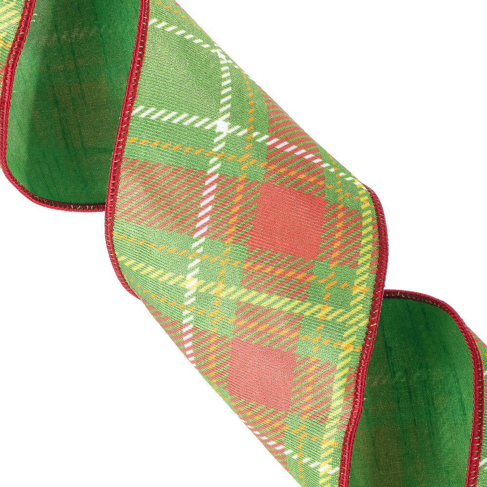 Vickerman 4" x 10 yd Green/Yellow/Plaid Wired Edge Christmas Ribbon.