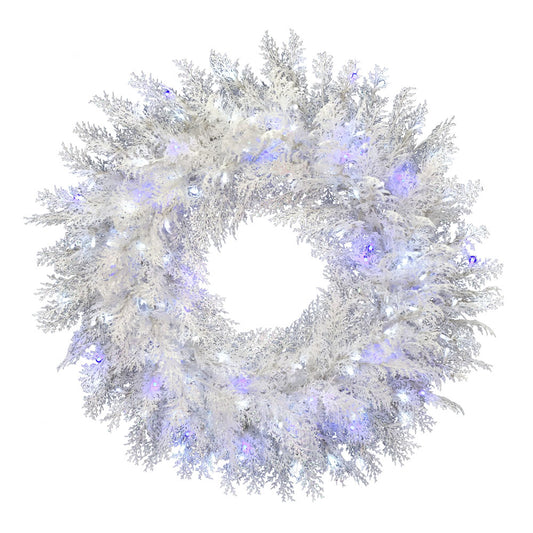 Vickerman 30" Flocked Cedar Pine Artificial Christmas Wreath Pure White and Blue Low Voltage LED Wide Angle Twinkle Lights.