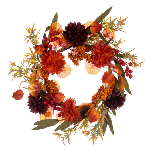 Vickerman 14" Orange and Burgundy Artificial Mixed Mum Chinese Lantern and Berry Wreath Candle Ring.