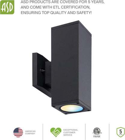 ASD Lighting LED Outdoor Wall Cylinder Square Up and Down 18W 120V 3000/4000/5000K with Photocell Black ETL