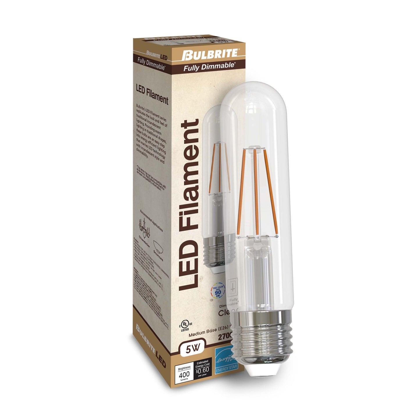 BULBRITE LED T9 MEDIUM SCREW (E26) 4W FULLY COMPATIBLE DIMMING FILAMENT LIGHT BULB 2700K/WARM WHITE 40W INCANDESCENT EQUIVALENT 2PK (776881)