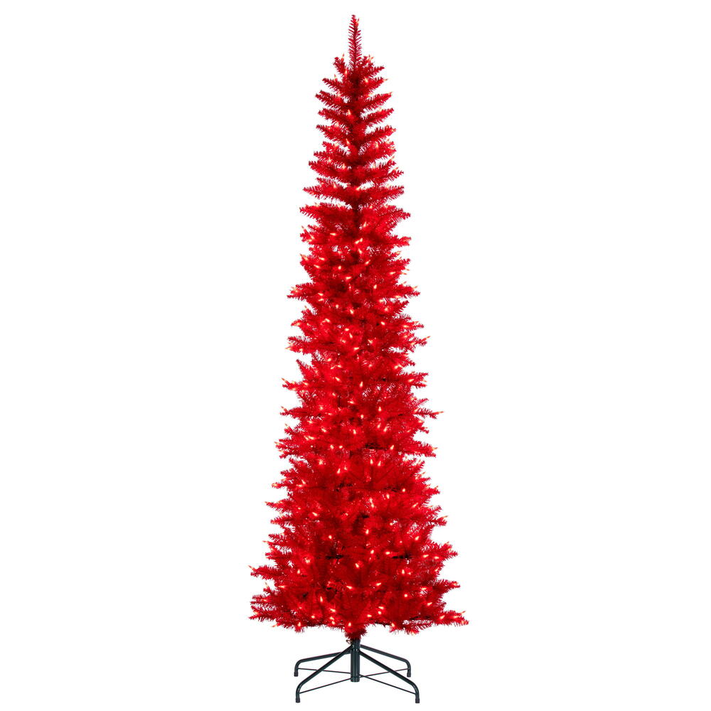 Vickerman 8.5' x 38" Red Pencil Artificial Pre-Lit Christmas Tree with 600 Dura-Lit® Red LED Mini Lights. It measures 102 inches tall, and 28 inches wide, which is considered a pencil profile. This tree boasts 1363 tips for a realistic look. Pre-lit with