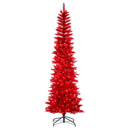 Vickerman 8.5' x 38" Red Pencil Artificial Pre-Lit Christmas Tree with 600 Dura-Lit® Red LED Mini Lights. It measures 102 inches tall, and 28 inches wide, which is considered a pencil profile. This tree boasts 1363 tips for a realistic look. Pre-lit with