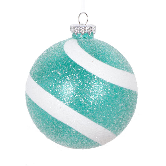 Vickerman 4" Teal and White Swirl Sugar Glitter Ball Ornament 4 per bag.