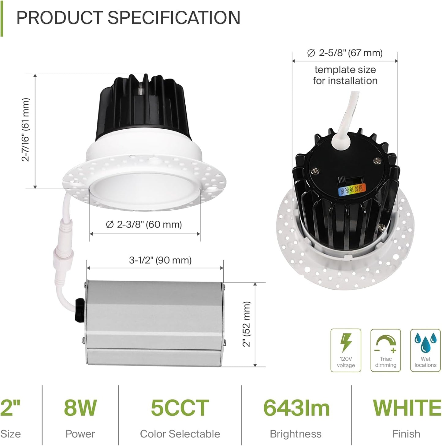 ASD Lighting LED Trimless Downlight Round 2inch 8W 120V Triac 2700/3000/3500/4000/5000K White ETL Energy Star
