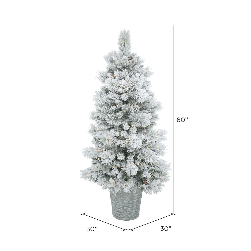 Vickerman 5' Potted Flocked Ashton Pine Artificial Christmas Tree with 150 Clear Lights