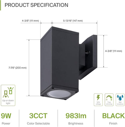 ASD Lighting LED Outdoor Wall Cylinder Square Up or Down 9W 120V 3000/4000/5000K with Photocell Black ETL