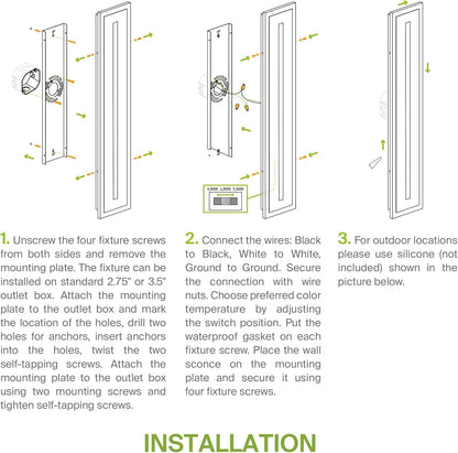 ASD Lighting LED Outdoor Wall Sconce with Center Light 24" 24W 120-277V CCT Selectable 3000/4000/5000K Dimmable Black ETL