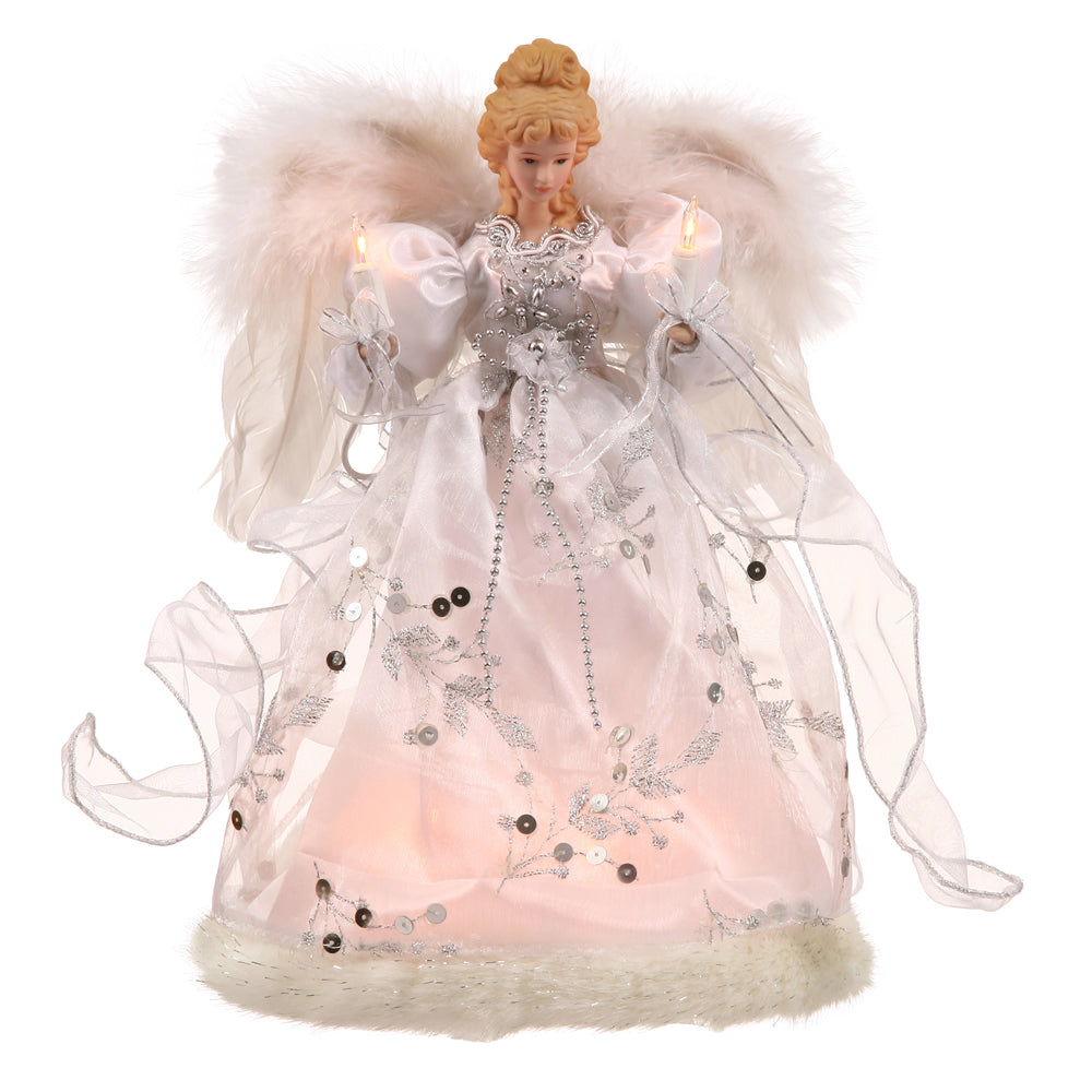 Vickerman 12" White-Silver Lit Angel Christmas Tree Topper.