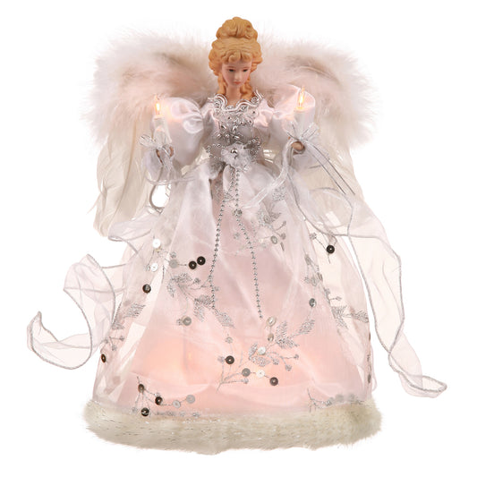 Vickerman 12" White-Silver Lit Angel Christmas Tree Topper.