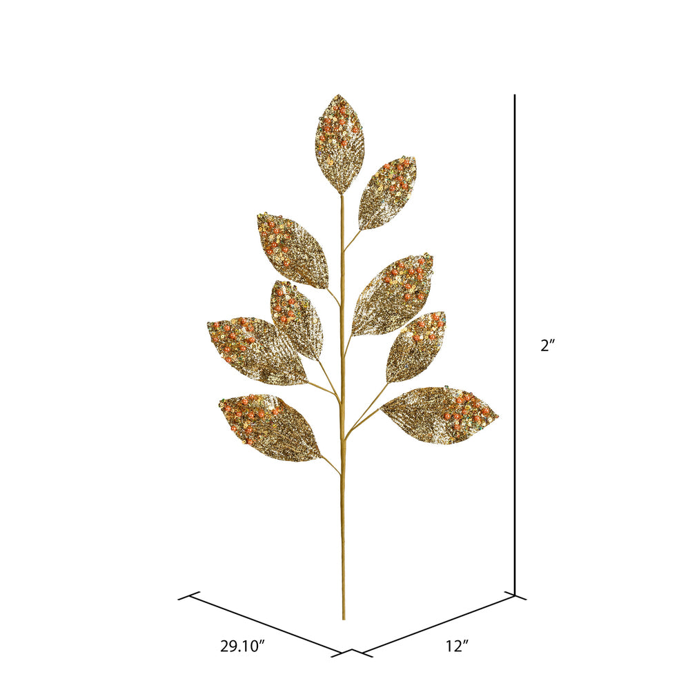 Vickerman 29" Gold Glitter Leaf Artificial Christmas Spray. Includes 6 sprays per pack.