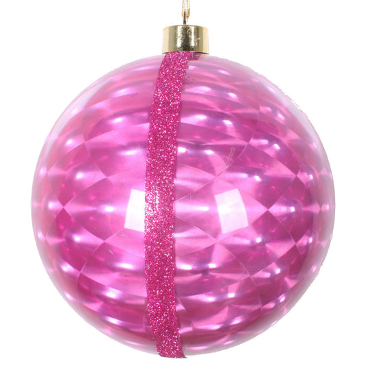 Vickerman 6" Cerise Glitter Reflector Ornament 2/Bag. These ornaments feature a reflective effect with a glitter stripe accent. They are the perfect addition to any holiday decorating project. Includes 2 pieces per pack.