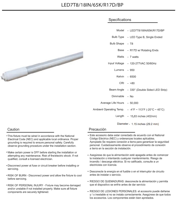 Damar- 1.5Ft T8 LED Tube Light Bulb Type B Ballast Bypass Single End 7W 950 Lumens 6500K Daylight R17D Base with Rotating Ends 120-277VAC Pack of 10- Fluorescent Replacement for Garage Workshop