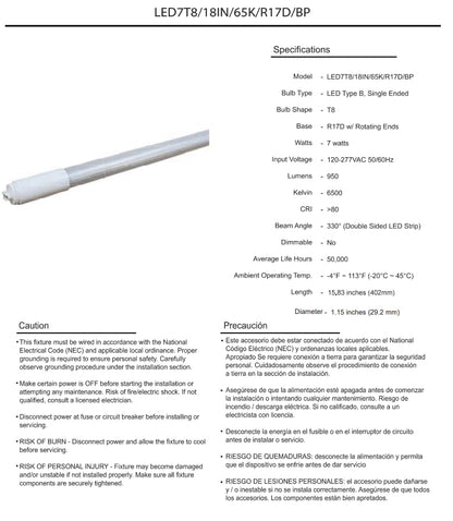 Damar- 1.5Ft T8 LED Tube Light Bulb Type B Ballast Bypass Single End 7W 950 Lumens 6500K Daylight R17D Base with Rotating Ends 120-277VAC Pack of 10- Fluorescent Replacement for Garage Workshop