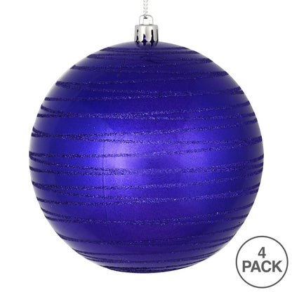 Vickerman 4.75" Purple Candy Finish Ball Ornament with Glitter Lines 4 per Bag