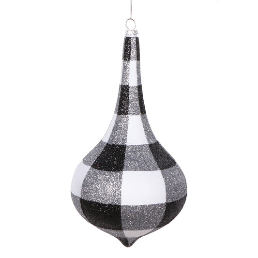 Vickerman 8" White Black Plaid Glitter Drop Ornament 2 per bag.