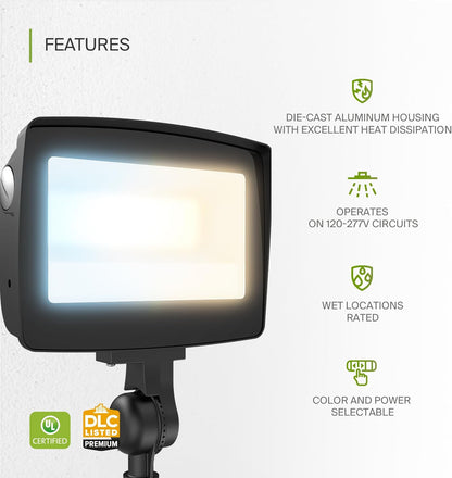 ASD Lighting LED Floodlight with knuckle Power Adjustable 15/30/55W 120-277V CCT Selectable 3000/4000/5000K Black UL DLC Premium