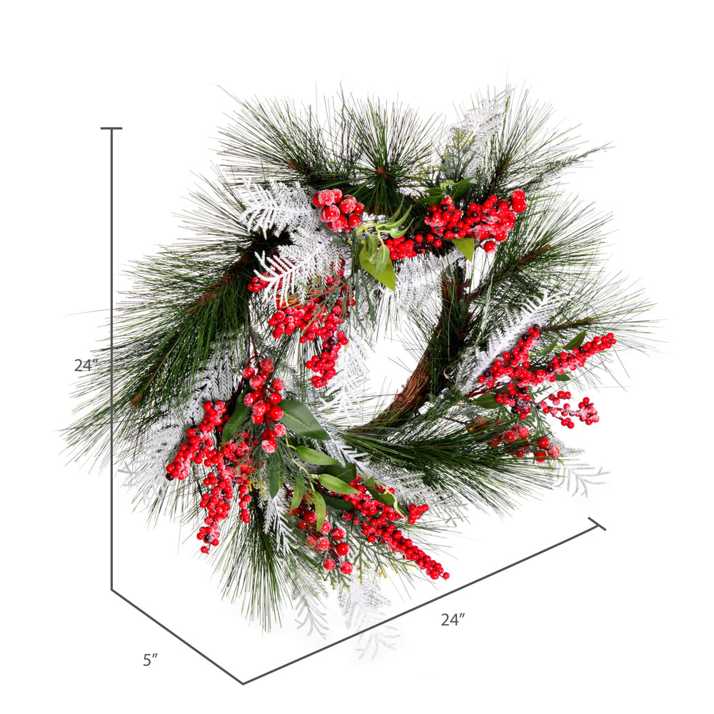 Vickerman 24" Frosted Artificial Christmas Wreath with 31 PE/Hardneedle Tips and Decorated with Red Berries and Green and Frosted Foliage