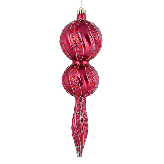 Vickerman 16.5" Berry Red Candy Glitter Finial. Create a beautiful holiday arrangement with this large Candy finial that features glitter accents. Made with shatterproof plastic. Ornament has a drilled cap secured with green floral wire.