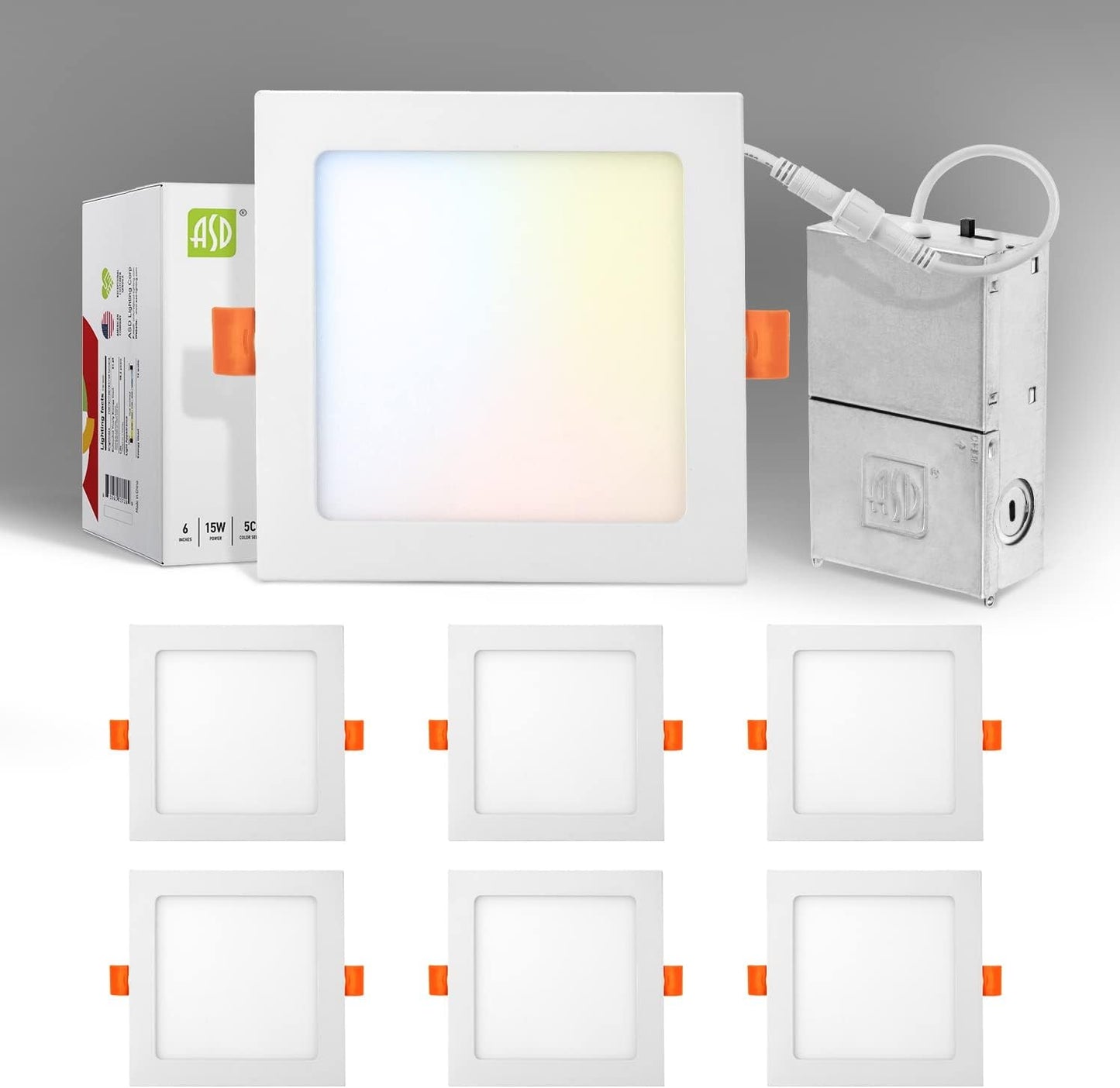 ASD Lighting LED Recessed Mini Panel Square 6inch 15W 120V Triac 2700/3000/3500/4000/5000K White UL Energy Star 6 pack
