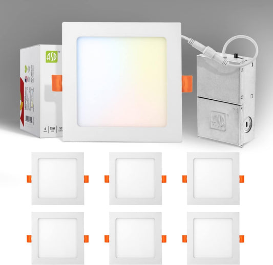 ASD Lighting LED Recessed Mini Panel Square 6inch 15W 120V Triac 2700/3000/3500/4000/5000K White UL Energy Star 6 pack