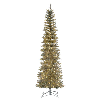 Vickerman 7.5' x 32" Silver Pencil Artificial Pre-Lit Christmas Tree with 450 Dura-Lit® Warm White LED Mini Lights. It measures 90 inches tall, and 28 inches wide, which is considered a pencil profile. This tree boasts 965 tips for a realistic look. Pre-l