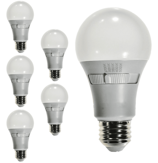 Damar A19 LED Light Bulb 9W 800 Lumens E26 Medium Base 27K/30K/35K/40K/50K Color Adjustable for Bedroom Living Room Light Bulb 120V CRI80 230° Beam Angle Dimmable White Finish Pack of 6