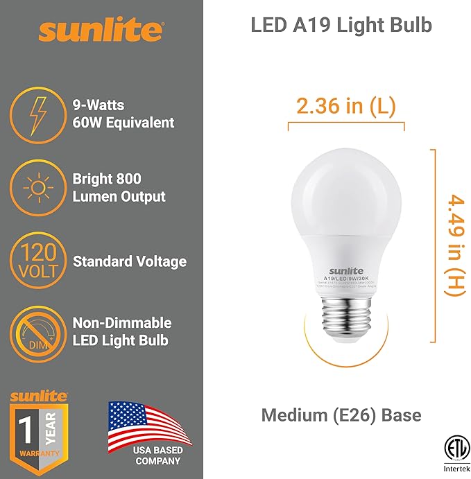 Sunlite A19 Standard LED Light Bulb, 9 Watts (60W Equivalent), 800 Lumens, Bulk 48 Pack, 120 Volts, Non-Dimmable, Medium E26 Base, RoHS, ETL Listed, 3000K Warm White