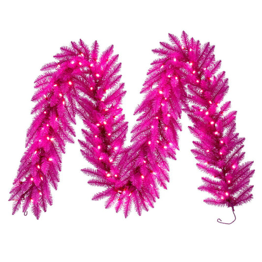 Vickerman 9' x 14" Hot Pink Artificial Pre-Lit Garland with 100 Pink LED Mini Lights and 270 Realistic PVC Tips.