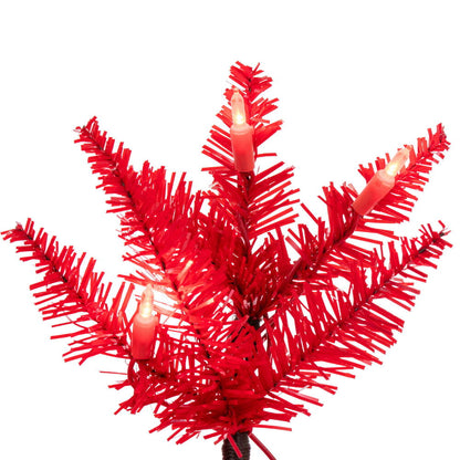 Vickerman 6.5' x 28" Red Pencil Artificial Pre-Lit Christmas Tree with 400 Dura-Lit® Red LED Mini Lights. It measures 78 inches tall, and 28 inches wide, which is considered a pencil profile. This tree boasts 712 tips for a realistic look. Pre-lit with 40