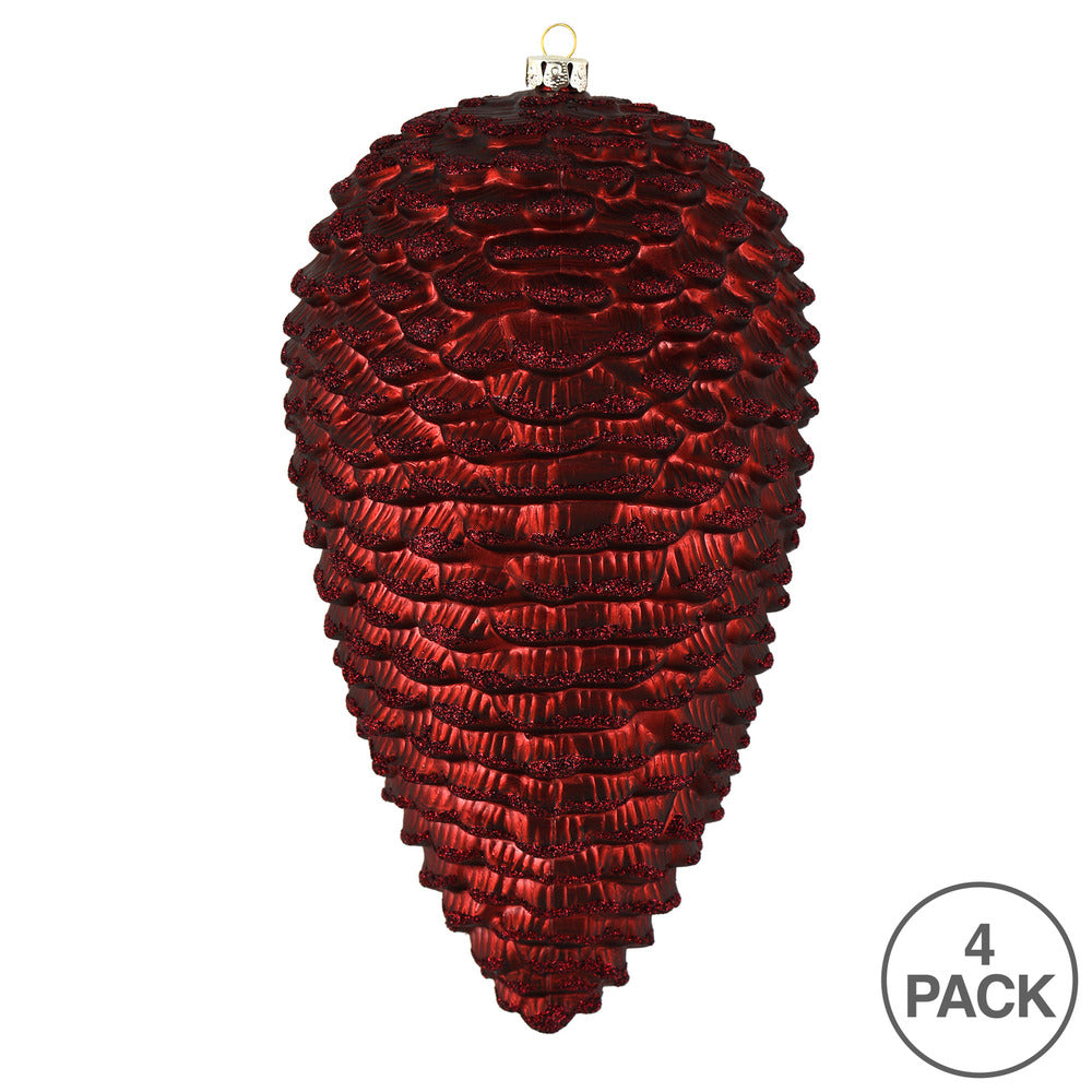 Vickerman 7" Burgundy Matte Glitter Pinecone Christmas Ornament 4 per set