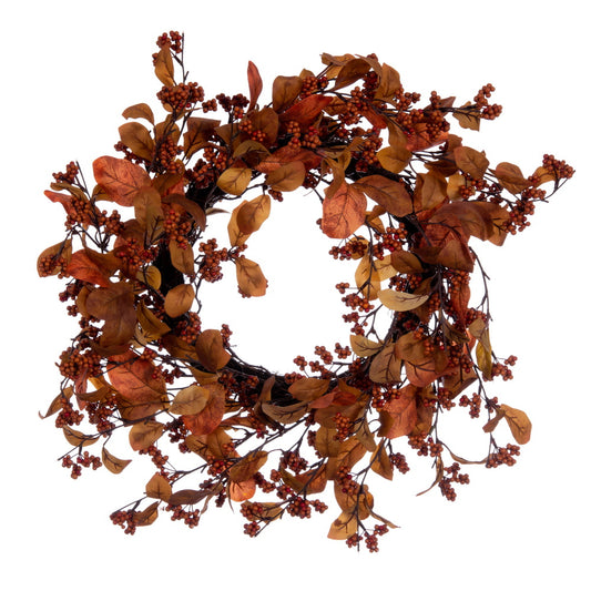 Vickerman Artificial 22" Orange Fall Leaves and Berries Wreath Circular grapevine base.