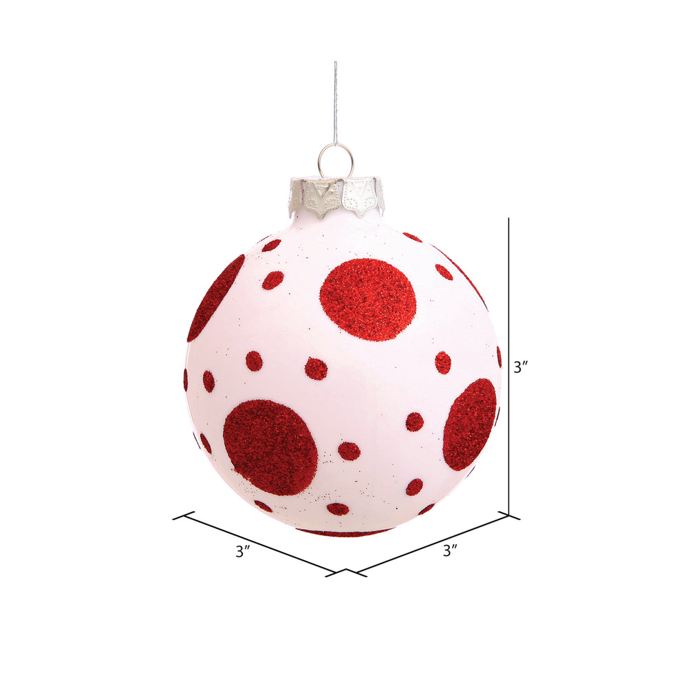 Vickerman 3" White Matte Ball Ornament with Red Glitter Polka Dots 4 per Box