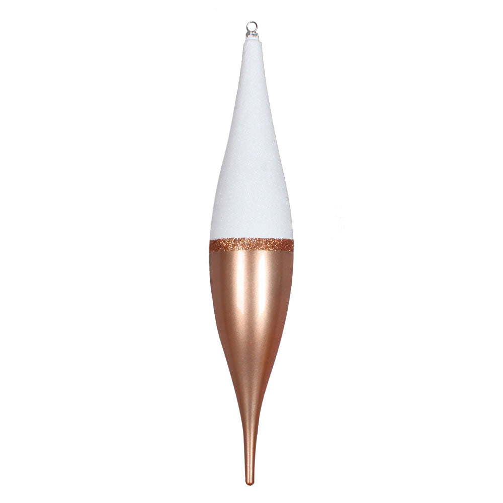 Vickerman 13" Rose Gold Candy/White Glitter Finial 3/Bg. This ornament features a white glitter top a stripe of rose gold glitter and a candy finish bottom. Includes 3 pieces per bag. Made of shatterproof plastic.