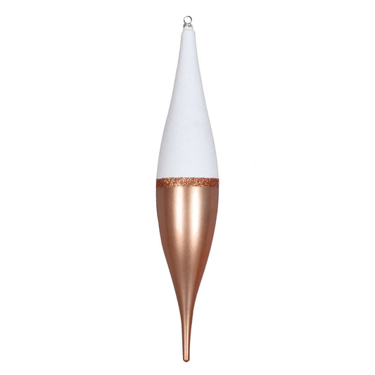 Vickerman 13" Rose Gold Candy/White Glitter Finial 3/Bg. This ornament features a white glitter top a stripe of rose gold glitter and a candy finish bottom. Includes 3 pieces per bag. Made of shatterproof plastic.