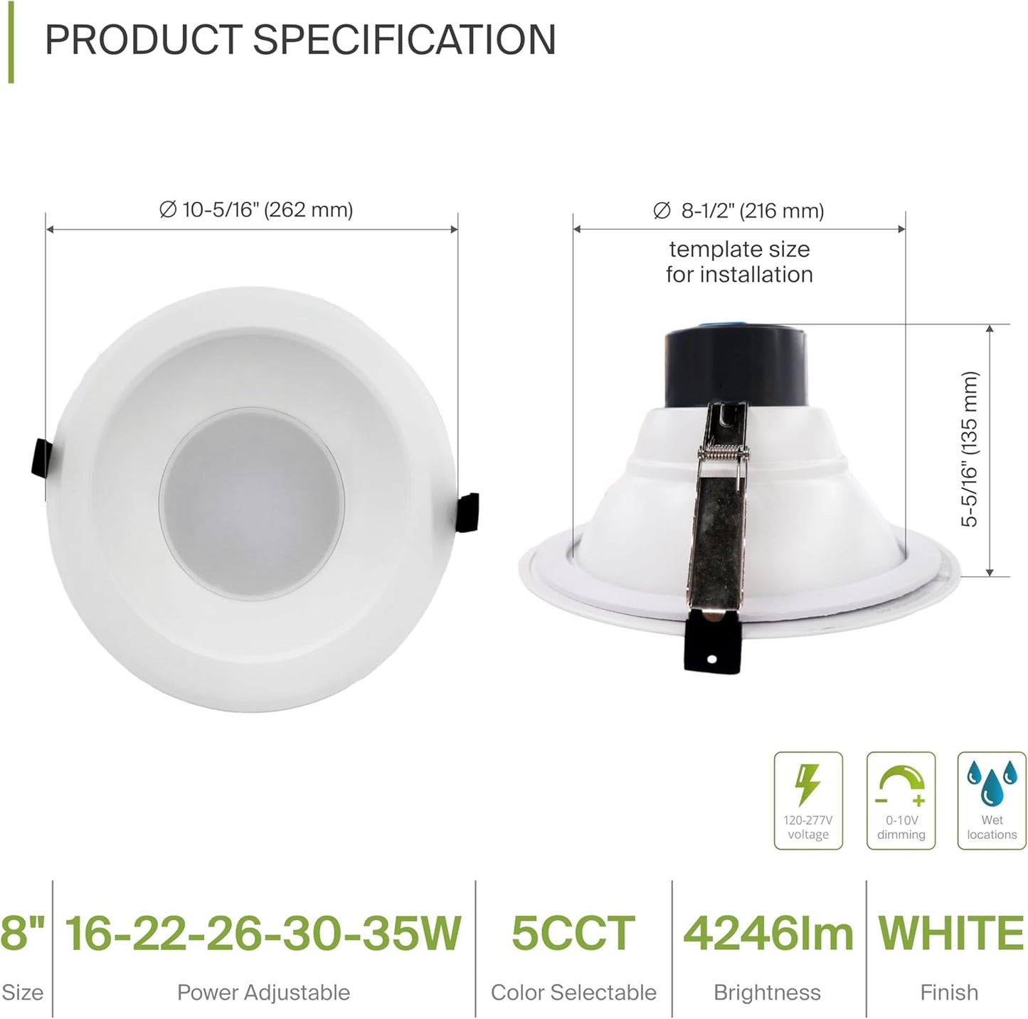 ASD Lighting LED Commercial Downlight Round 8inch 16/22/26/30/35W 120-277V 0-10V Dimmable 125Lm/W 2700/3000/3500/4000/5000K White ETL ES