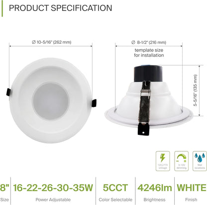 ASD Lighting LED Commercial Downlight Round 8inch 16/22/26/30/35W 120-277V 0-10V Dimmable 125Lm/W 2700/3000/3500/4000/5000K White ETL ES