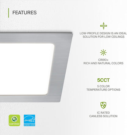 ASD Lighting LED Recessed Mini Panel Square 6inch 15W 120V Triac 2700/3000/3500/4000/5000K Nickel UL Energy Star 6 pack