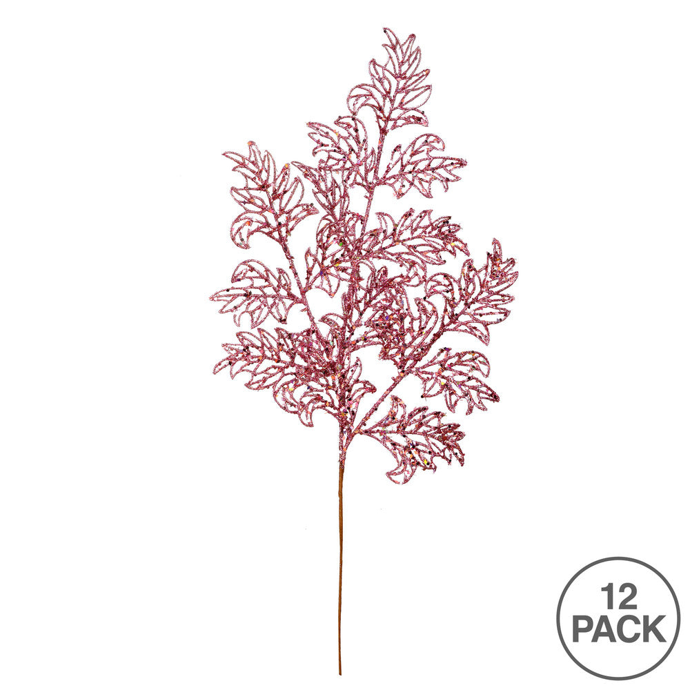 Vickerman 22" Pink Glitter Lace Holly Leaf Artificial Christmas Spray. Includes 12 sprays per pack.