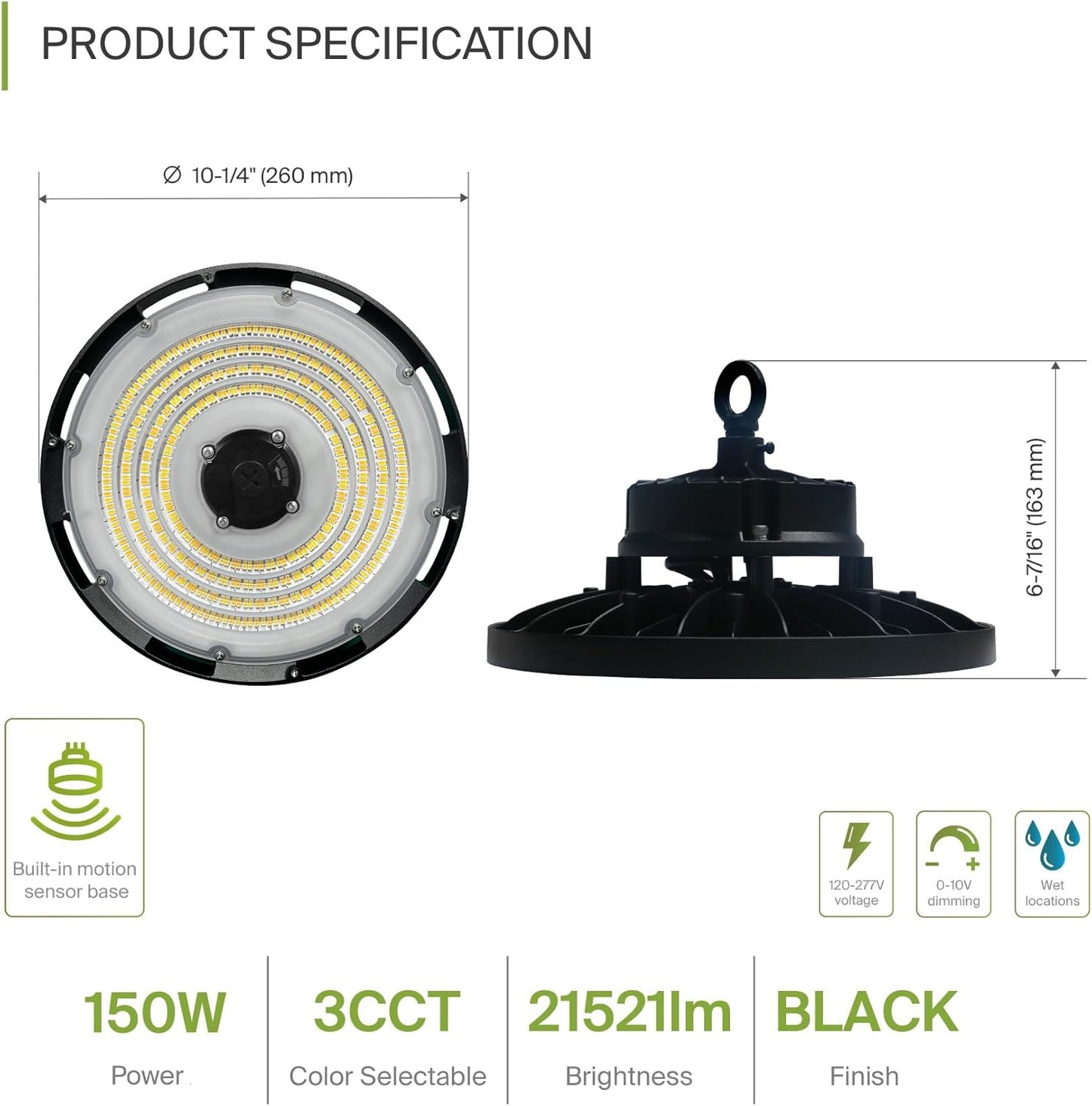 ASD Lighting Q-base LED UFO High Bay 150W CCT Selectable 3000/4000/5000K Dimmable Black UL DLC Premium