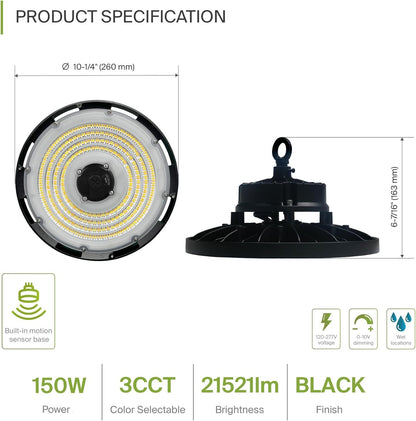 ASD Lighting Q-base LED UFO High Bay 150W CCT Selectable 3000/4000/5000K Dimmable Black UL DLC Premium